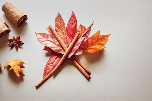 Autumn composition Gift, autumn leaves, cinnamon sticks, anise star on wooden white background Flat lay, top view, copy space , anime style