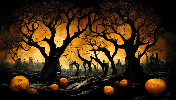 spooky halloween forest with scary black trees and pumpkins on the ground, neural network generated art. Digitally generated image. Not based on any actual scene or pattern.