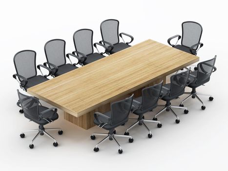 Boardroom table and chairs isolated on white background. 3D illustration.