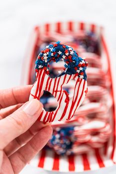American flag. Red, white, and blue chocolate-covered pretzel twists.