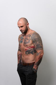 Looks man handsome male down fashion model stylish naked, from background sunglasses in tattoo and lifestyle attractive, perfect topless. Dude strong men, manager
