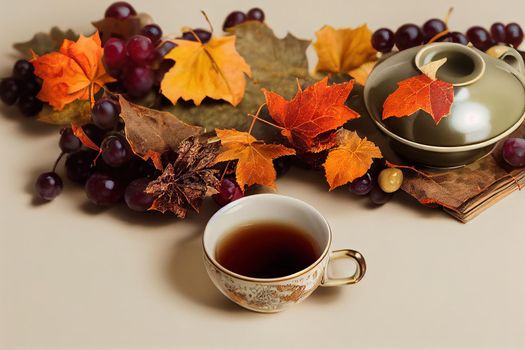 Autumn composition Karkade tea in a teapot, a white cup and saucer, a scarf, and autumn red grape leaves Flat lay Top view High quality photo , anime style