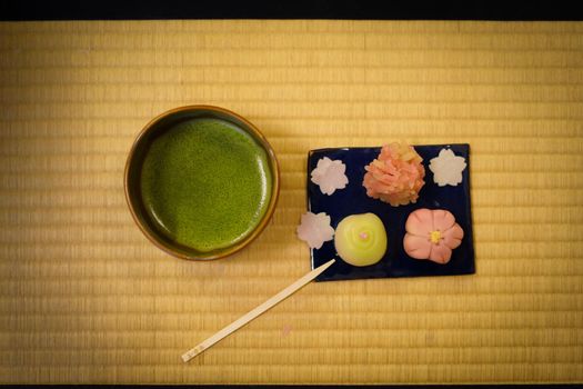 Image of Japanese sweets and green tea. Shooting Location: Kyoto