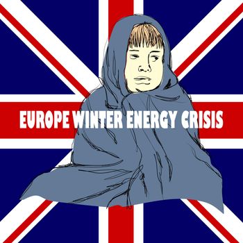 Hand drawn illustration of cold person on British flag background. useful for posters, pamphlets, wall decorations to invite people to be aware of energy that is increasingly expensive and scarce