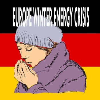 Hand drawn illustration of cold person on German flag background. useful for posters, pamphlets, wall decorations to invite people to be aware of energy that is increasingly expensive and scarce
