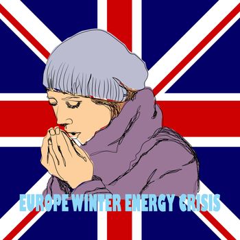 Hand drawn illustration of cold person on British flag background. useful for posters, pamphlets, wall decorations to invite people to be aware of energy that is increasingly expensive and scarce