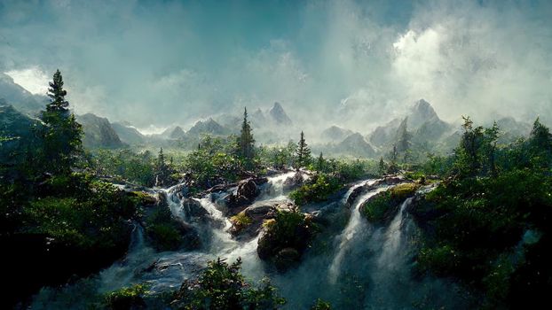 mountain landscape with waterfalls and trees.