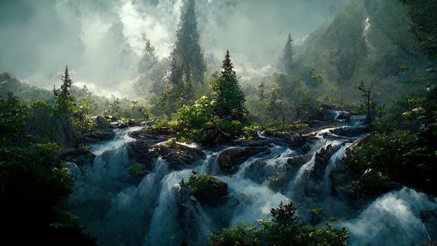 mountain landscape with waterfalls and trees.