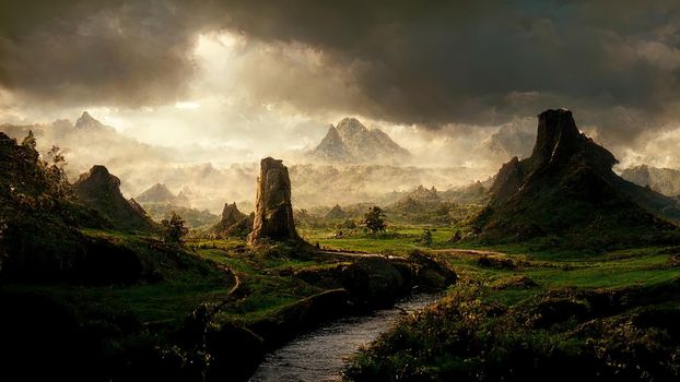 landscape plain with lush green grass and gloomy mountains in the background at dawn