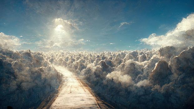 illustration on the theme of the reincarnation of the soul, The road to heaven among the clouds.