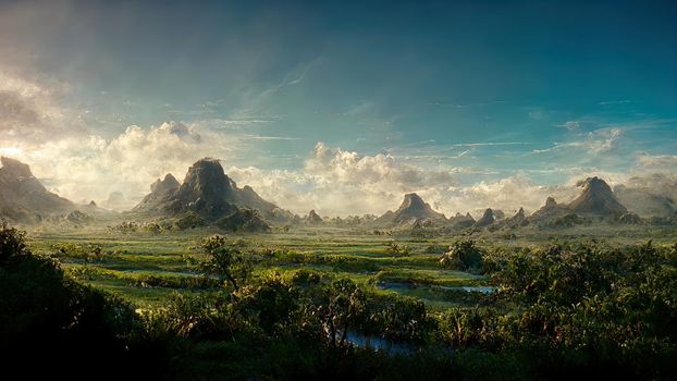 Sunrise landscape with misty forest, distant mountains and sunrise sky