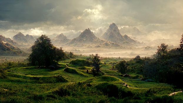 landscape plain with lush green grass and gloomy mountains in the background at dawn