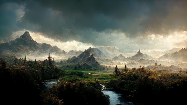 landscape of nature with high mountains and rivers green grass and trees and thick clouds in the sky.