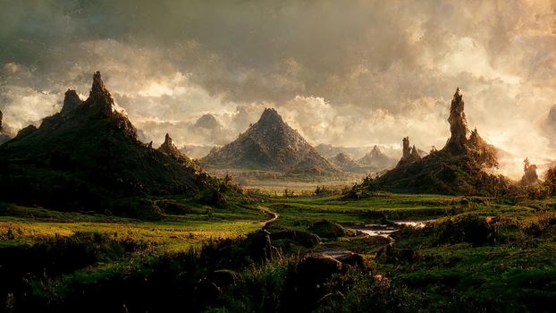 landscape plain with lush green grass and gloomy mountains in the background at dawn