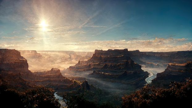 Canyon at dawn with fog and the sun in the sky.