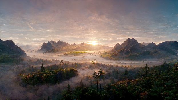 Mountain plain at dawn with fog between trees and high hills and mountains in the background.