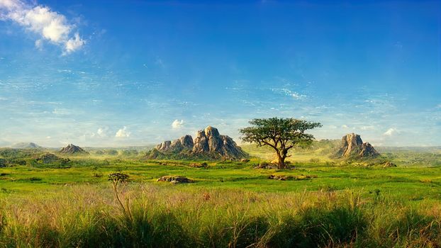 African savannah landscape, wild nature background with green tree, rocks and plain grassland field under blue clear sky.