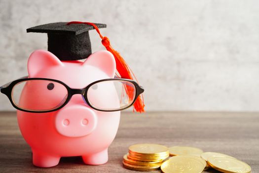 Pigging bank wearing eyeglass with coins and calculator saving bank education concept.