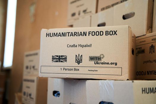 Boxes with humanitarian aid to Ukraine from UK. Dnipro, Ukraine - 06.30.2022