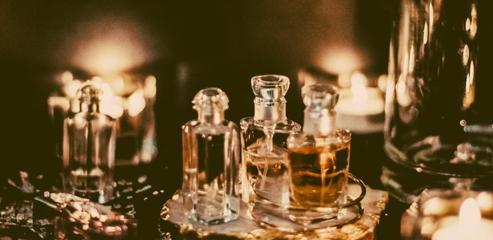 Perfumery, cosmetic branding and spa concept - Perfume bottles and vintage fragrance at night, aroma scent, fragrant cosmetics and eau de toilette as luxury beauty brand, holiday fashion parfum design