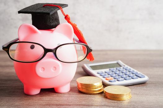 Pigging bank wearing eyeglass with coins and calculator saving bank education concept.