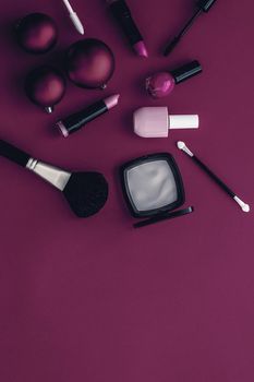 Cosmetic branding, fashion blog cover and girly glamour concept - Make-up and cosmetics product set for beauty brand Christmas sale promotion, luxury magenta flatlay background as holiday design