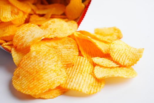 Potato chips in open bag, delicious BBQ seasoning spicy for crips, thin slice deep fried snack fast food.