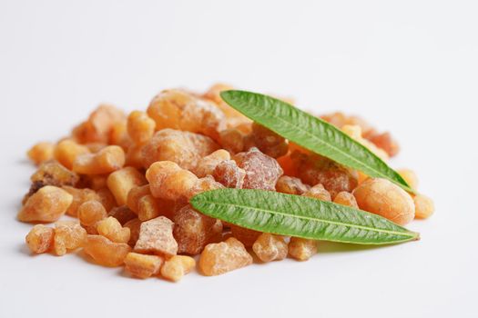 Frankincense or olibanum aromatic resin isolated on white background used in incense and perfumes.