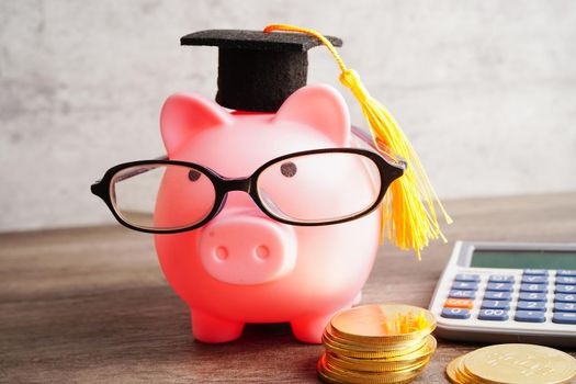 Pigging bank wearing eyeglass with coins and calculator saving bank education concept.