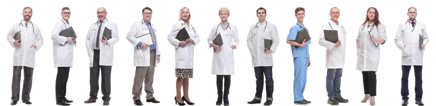 full length group of doctors with notepad isolated on white background