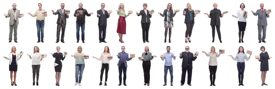 group of happy people with gifts in their hands isolated on white background