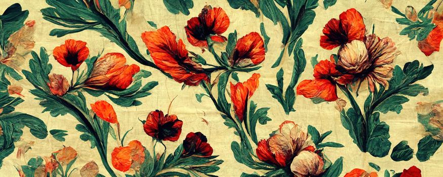 abstract pattern on the fabric in the form of flowers in warm shades of red, green and cream.