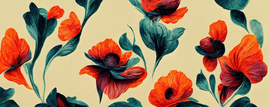 drawing imitating poppy flowers on fabric in warm colors.