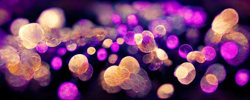 glowing circles imitating bokeh in blur on a black background in purple hues.