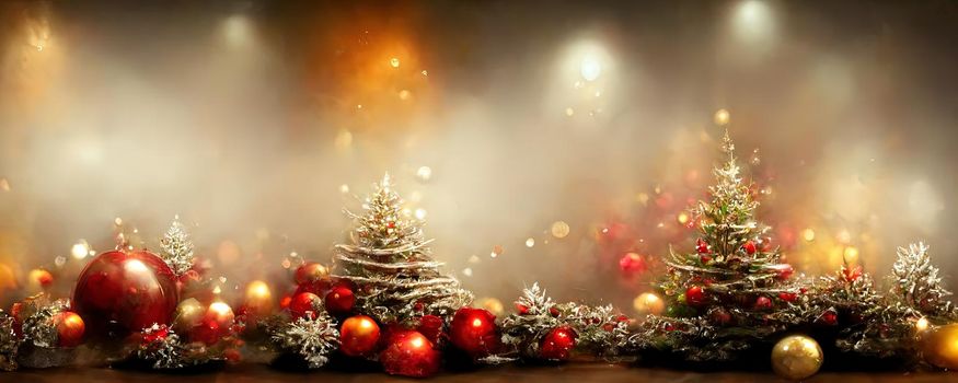 New Year's warm background with copy space in warm colors with Christmas decorations and Christmas tree branches.