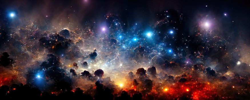 Space panorama with planets and nebulae on a black background.