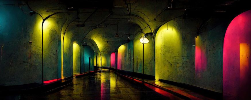 neon corridors with arches with black background.