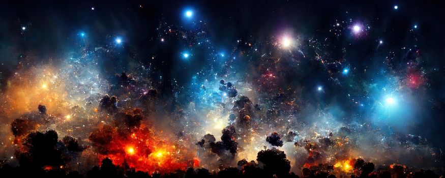 Space panorama with planets and nebulae on a black background.