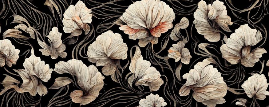 Factory fabric pattern of white flowers with milky shades on black fabric.