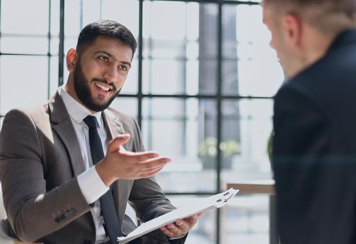 Job interview, businessman listen to candidate answers.