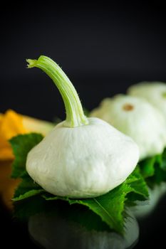 fresh organic squash with flowers and foliage isolated on black background