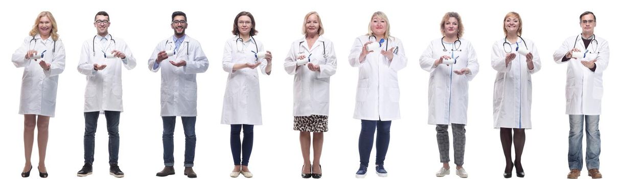 group of doctors holding jar isolated on white background