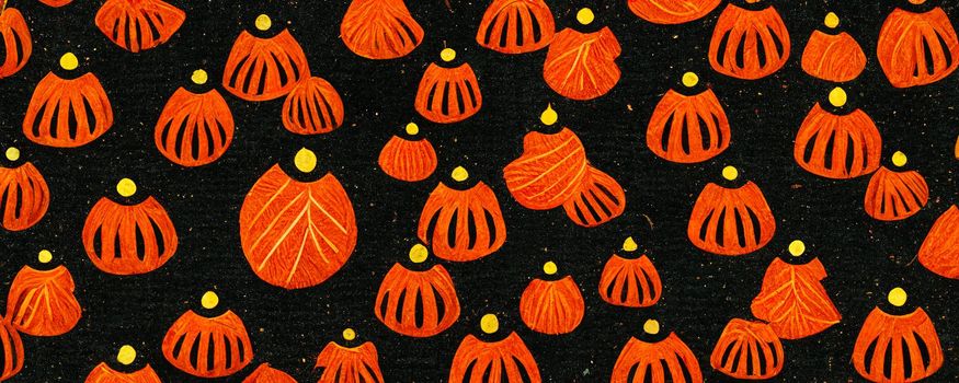 abstract illustration on the theme of Halloween with orange pumpkins on a black background.