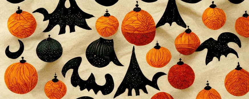 Halloween themed background with black ghosts and orange pumpkins on a cream background.