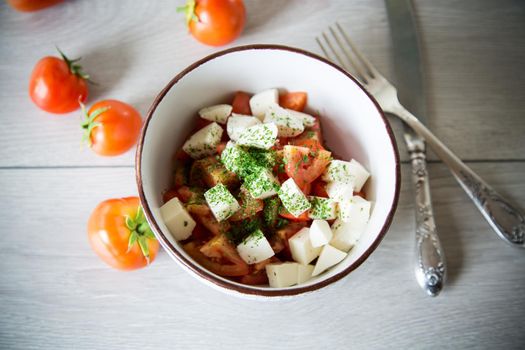 salad of fresh ripe tomatoes with mozzarella and spices in a bowl on a wooden table