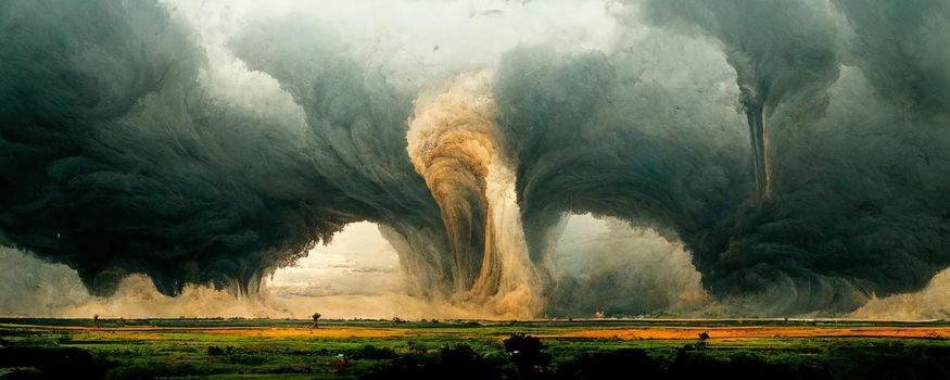artistic illustration of a huge terrible tornado in the panorama of the plain.