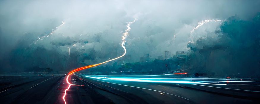 abstract futuristic city landscape with a highway in a storm and a thunderstorm and lightning piercing the sky.