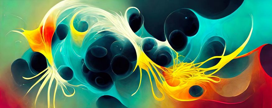 artistic abstract drawing like yellow turquoise color on black background.