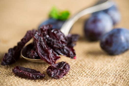 Dried prunes in a spoon on a burlap tablecloth against a background of fresh plums. Prunes and plums on a kitchen table close-up.