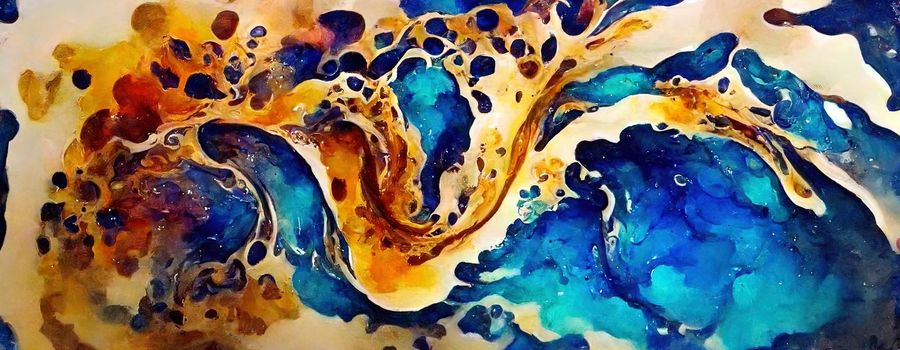 abstract pattern in gold and blue in the style of alcohol ink.